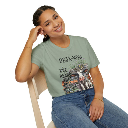 Funny Cow Themed Unisex Softstyle T-Shirt - "DEJA-MOO: I've Heard This Bull Before"