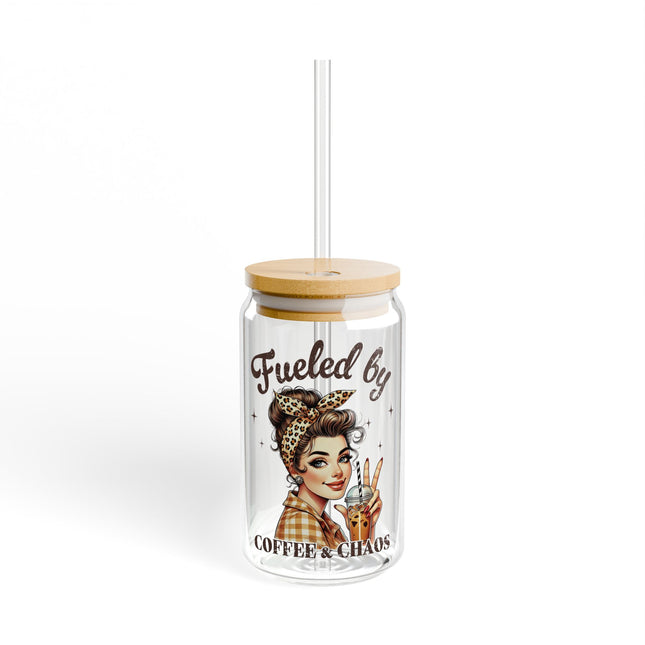 Coffee & Chaos Sipper Glass - 16oz, Fun & Stylish