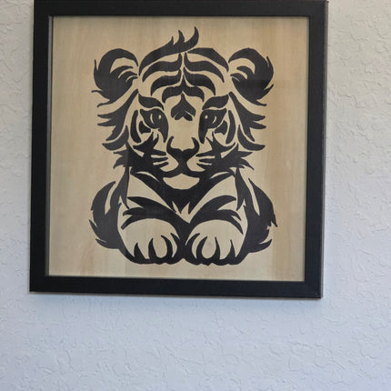 Little T / Little Tiger Baby Wall Decoration/ Wildlife/ Framed Artwork / Playful Baby Tiger Wood Sign, Hand Painted 12x12 Framed Art, Whimsical Kids Room Decoration