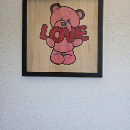 Love Bear/ Valentine Love Bear/Pink Bear / Pink Love Bear Seasonal Wood Sign, Hand Painted 12x12 Framed Art, Whimsical Wall Decoration