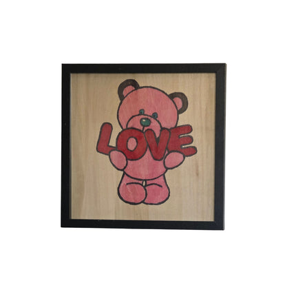 Love Bear/ Valentine Love Bear/Pink Bear / Pink Love Bear Seasonal Wood Sign, Hand Painted 12x12 Framed Art, Whimsical Wall Decoration