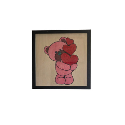Three Hearts Bear/Teddy Bear Framed Artwork/Pink Bear Red Hearts / Hand Painted 12x12 Framed Art, Whimsical Wall Decoration