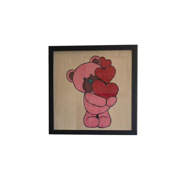 Three Hearts Bear/Teddy Bear Framed Artwork/Pink Bear Red Hearts / Hand Painted 12x12 Framed Art, Whimsical Wall Decoration