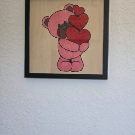 Three Hearts Bear/Teddy Bear Framed Artwork/Pink Bear Red Hearts / Hand Painted 12x12 Framed Art, Whimsical Wall Decoration