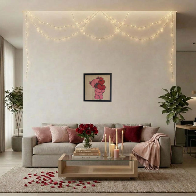 Three Hearts Bear/Teddy Bear Framed Artwork/Pink Bear Red Hearts / Hand Painted 12x12 Framed Art, Whimsical Wall Decoration