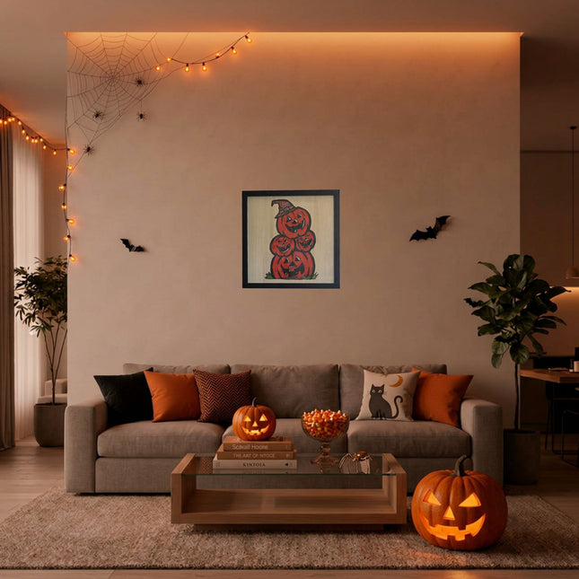 Witches Pumpkins / Halloween Pumpkins/ Halloween Decor Hand Painted 12x12 Framed Art, Halloween Decoration