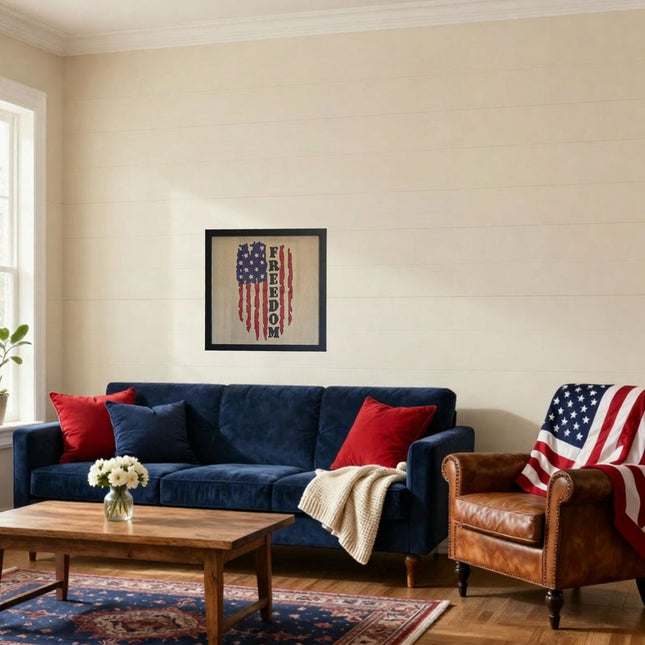 Handcrafted American Flag Artwork, 12x12 Black Frame Artisan Patriotism Wall Decor, USA Gift