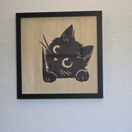 Mischievous Kitten Seasonal Wood Sign, Hand Painted 12x12 Framed Art, Whimsical Cat Lover Gift /Peek A Boo Kitty/ Cat Lovers Choice