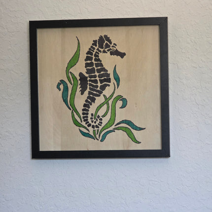 Sea Horse/ Sea Life/ Sea Coral / Ocean Life Seahorse Wood Sign, Hand Painted 12x12 Framed Art, Whimsical Beach House Decoration