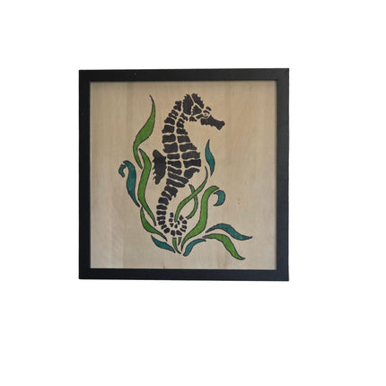 Sea Horse/ Sea Life/ Sea Coral / Ocean Life Seahorse Wood Sign, Hand Painted 12x12 Framed Art, Whimsical Beach House Decoration