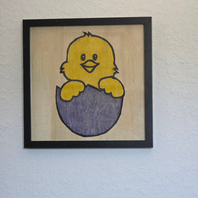 Hand Painted Basswood Easter Chick Artwork, 12x12 Black Frame Holiday Wall Decor, Handmade Nursery Art
