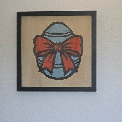 Red Ribbon Blue Easter Egg Seasonal Wood Sign, Hand Painted 12x12 Framed Art, Whimsical Holiday Decoration