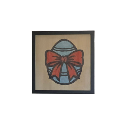 Red Ribbon Blue Easter Egg Seasonal Wood Sign, Hand Painted 12x12 Framed Art, Whimsical Holiday Decoration