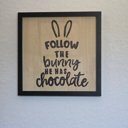 Follow The Bunny Journey Seasonal Wood Sign, Hand Painted 12x12 Framed Art, Whimsical Holiday Kitchen Decor