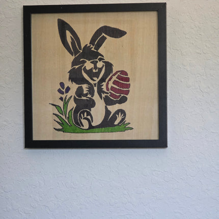 Easter Bunny & Egg Seasonal Wood Sign, Hand Painted 12x12 Framed Art, Whimsical Holiday Home Decoration