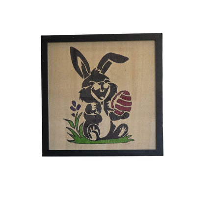 Easter Bunny & Egg Seasonal Wood Sign, Hand Painted 12x12 Framed Art, Whimsical Holiday Home Decoration