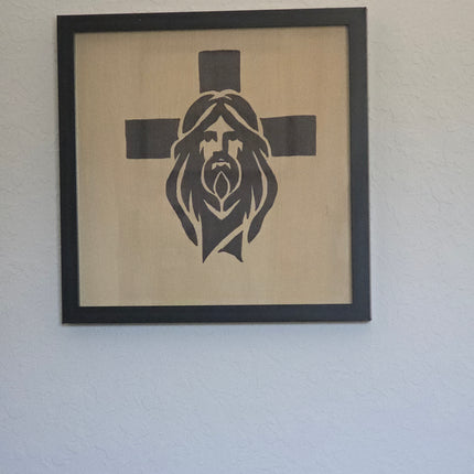 Jesus & Cross Spiritual Wood Sign, Hand Painted 12x12 Framed Art, Religious Prayer Space Decoration