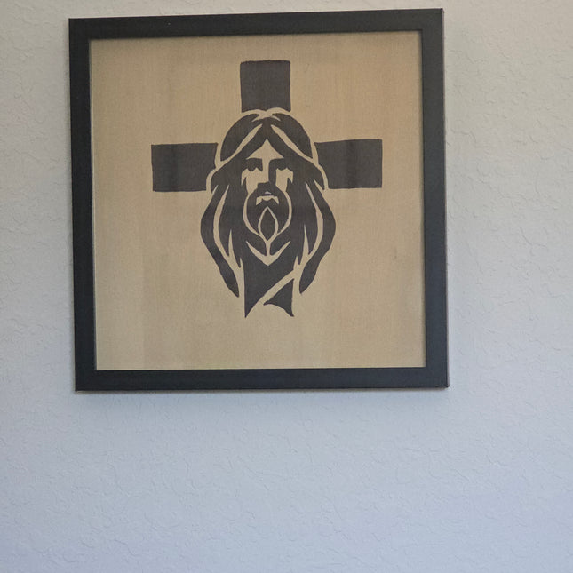 Jesus & Cross Spiritual Wood Sign, Hand Painted 12x12 Framed Art, Religious Prayer Space Decoration