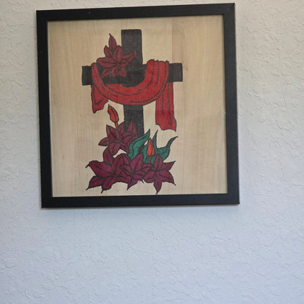 Botanical Easter Cross Seasonal Wood Sign, Hand Painted 12x12 Framed Art, Spiritual Home Decoration