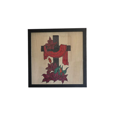 Botanical Easter Cross Seasonal Wood Sign, Hand Painted 12x12 Framed Art, Spiritual Home Decoration