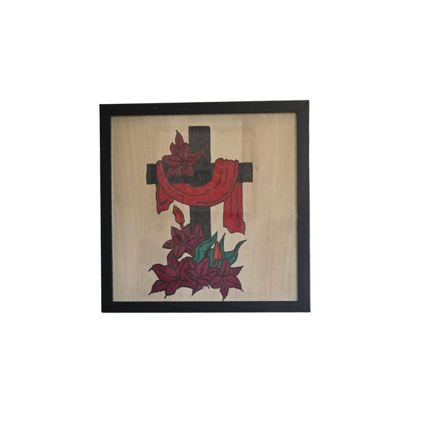 Botanical Easter Cross Seasonal Wood Sign, Hand Painted 12x12 Framed Art, Spiritual Home Decoration