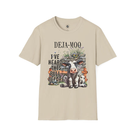 Funny Cow Themed Unisex Softstyle T-Shirt - "DEJA-MOO: I've Heard This Bull Before"