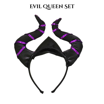 Evil Queen Costume Set – Horned Headband, Necklace & Lace Gloves