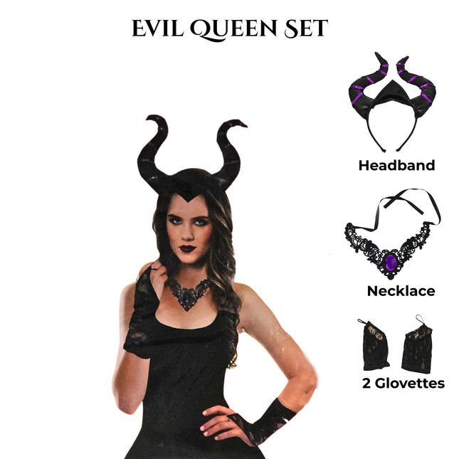 Evil Queen Costume Set – Horned Headband, Necklace & Lace Gloves