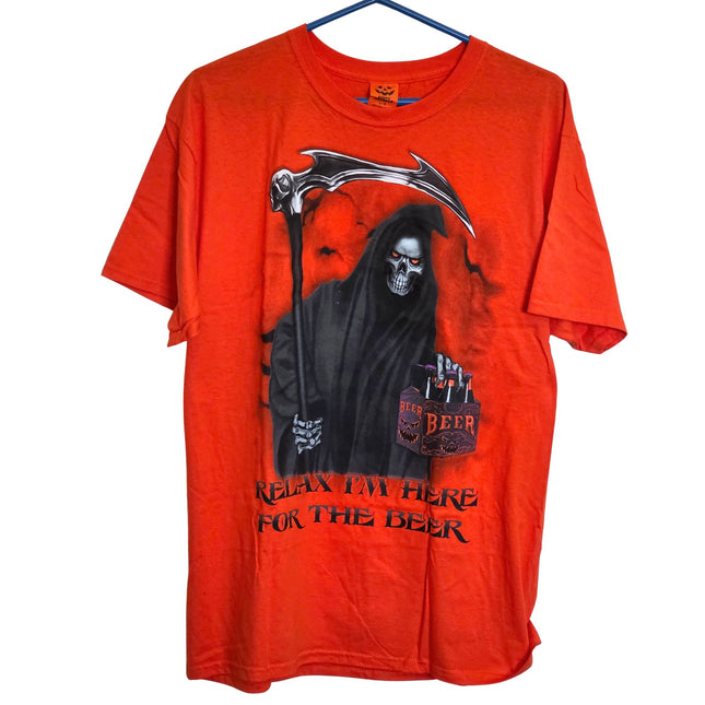 Mens Halloween Orange T Shirt - Size L - 42/44 - Novelty Relax Here For The Beer