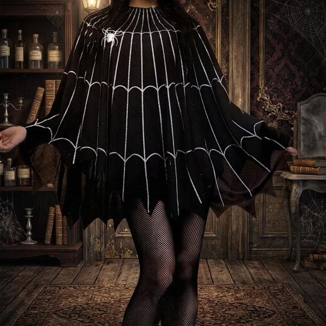 Black Spiderweb Halloween Poncho for Women & Teens – Spooky Costume Cape