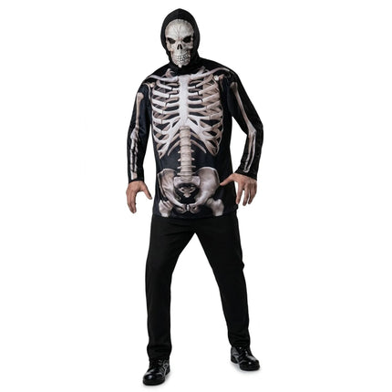 Men's Skeleton Costume Set – Black Long-Sleeve Bone Print Shirt, Hooded Skull Mask