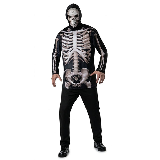 Men's Skeleton Costume Set – Black Long-Sleeve Bone Print Shirt, Hooded Skull Mask