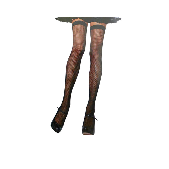 Women's Black Fishnet Thigh High Stockings – Lace Top Stay-Up Hosiery