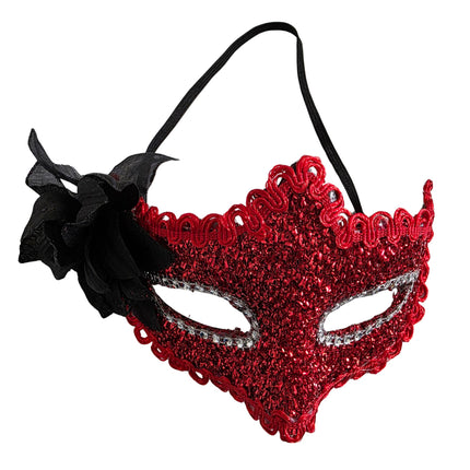 Red & Black Masquerade Mask with Floral Accent – Women’s Mardi Gras & Carnival Party Mask