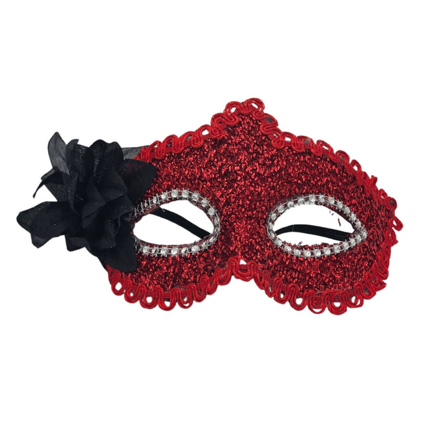 Red & Black Masquerade Mask with Floral Accent – Women’s Mardi Gras & Carnival Party Mask