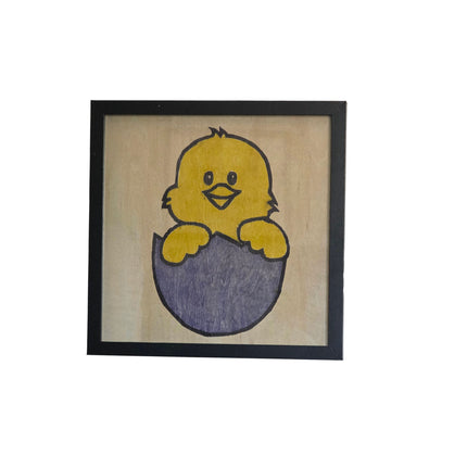 Hand Painted Basswood Easter Chick Artwork, 12x12 Black Frame Holiday Wall Decor, Handmade Nursery Art