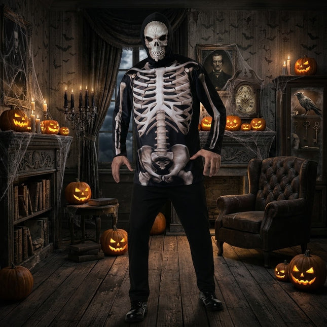 Adult standing in a complete Halloween skeleton costume with bone print shirt, black pants, and hooded skull mask against a haunted house background